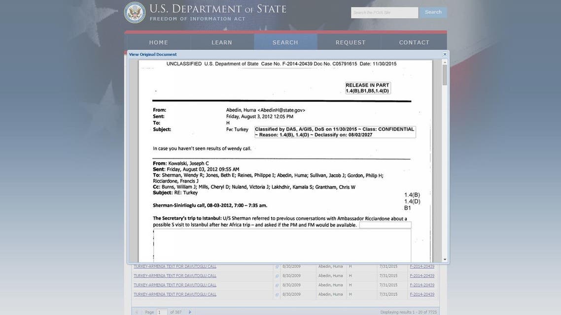 The equivalent of 7,800 pages of messages, mostly from 2012 and 2013, were checked for classified information and then made public. (Screenshot via FOIA) 