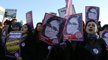 Turkish women and human rights activists gather on Feb. 21, 2015 and shout slogans to protest killing of student Ozgecan Aslan. (AP)