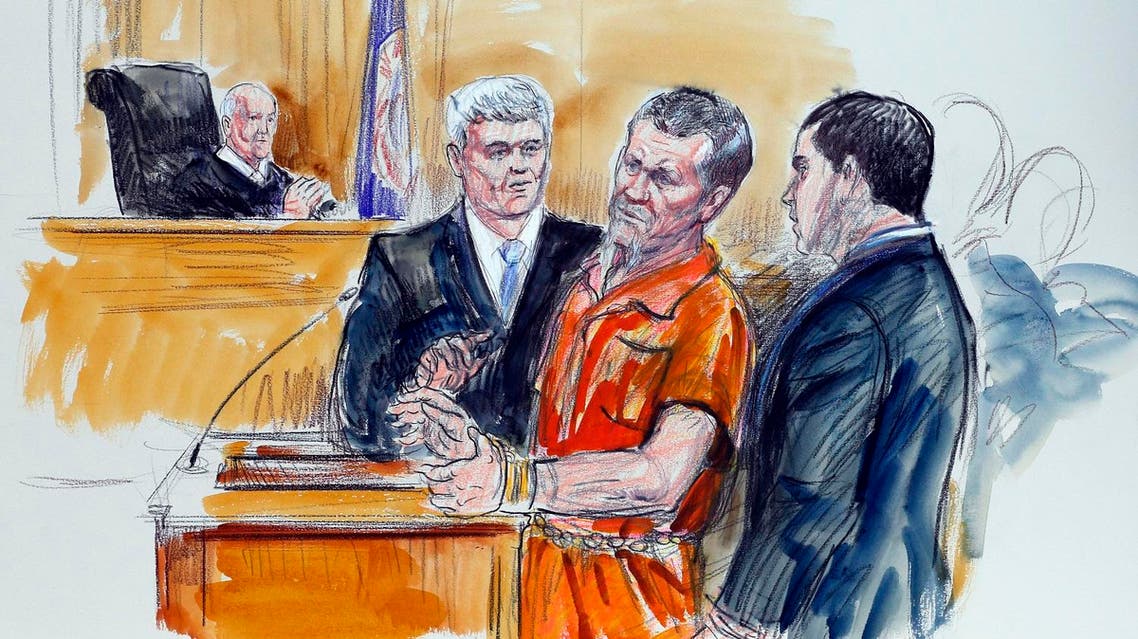 This Friday Nov. 7, 2014 artist rendering shows Irek Hamidullin, front center, his attorney Robert Wagner, front left, and interpreter Ihab Samra, front right, as judge Henry Hudson, left, listens in Federal Court in Richmond. (File photo: AP)