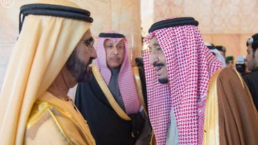 Saudi King Salman greets Dubai ruler Sheikh Mohammed bin Rashid in Riyadh. (SPA)