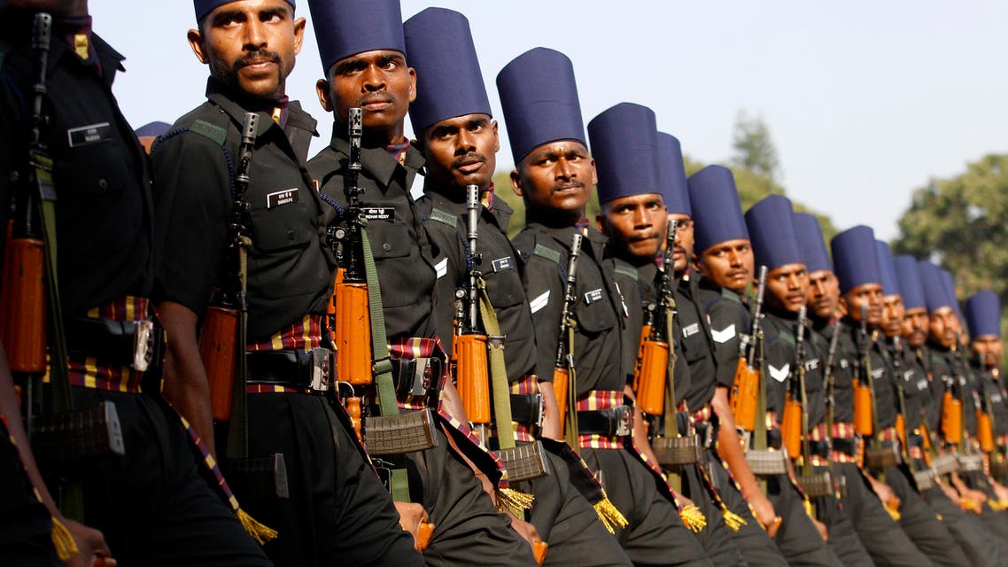 A contingent of Indian army soldiers participate in a ceremonial parade during the 235th anniversary celebrations of the Madras Engineer Group in Bangalore, India, Saturday, Dec. 19, 2015. (AP)