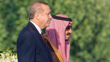 Saudi King Salman stands next to Turkish President Tayyip Erdogan during a welcoming ceremony upon Erdogan's arrival in Riyadh. (File photo: Reuters)
