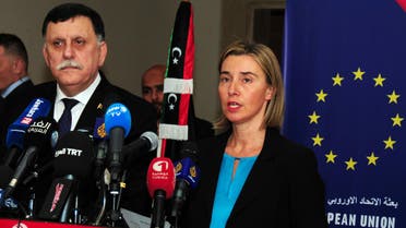  Libyan prime minister Fayez Sarraj, left, and European Union foreign policy chief Federica Mogherini participate in a media conference in Tunis, Tunisia, Friday, Jan. 8, 2016. European Union foreign policy chief Federica Mogherini has announced a 100-million euro aid ($109 million) for Libya’s UN.-supported unity government, one day after the attack that killed at least 60 policemen in the Libyan town of Zliten. Mogherini condemned the attack, in a joint press conference with Libyan prime minister Fayez Sarraj Friday in Tunis. (AP Phhoto/Hassene Dridi)
