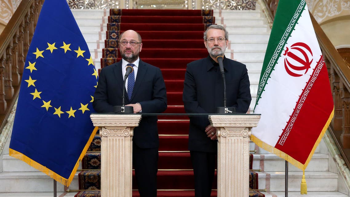 European Parliament President Martin Schulz, left, speaks during a press conference with Iran's Parliament speaker Ali Larijani after their meeting in Tehran, Iran, Saturday, Nov. 7, 2015. (AP