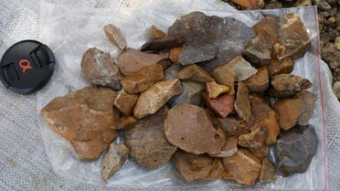 Surface-collected stone artefacts that were found lying scattered on the gravelly surface near Talepu on the Indonesian island of Sulawesi, are pictured in this undated handout photo obtained by Reuters January 13, 2016. reuters