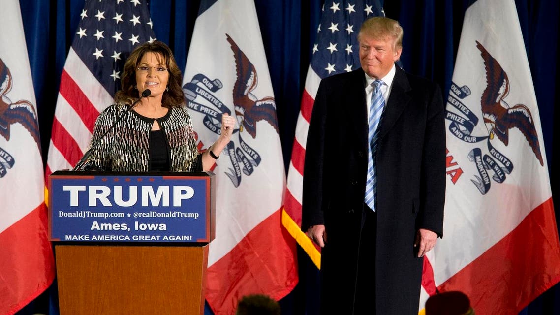 Former Alaska Gov. Sarah Palin, left, endorses Republican presidential candidate Donald Trump during a rally at the Iowa State University. (AP)