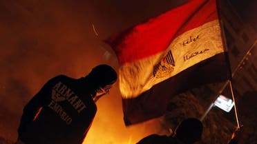 A protester, who opposes Egyptian President Mohamed Mursi, waves the national flag at riot police during clashes in front of the presidential palace in Cairo February 8, 2013. (Reuters)