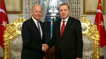 Turkish President Tayyip Erdogan (R) shakes hands with U.S. Vice President Joe Biden in Istanbul, Turkey January 23, 2016, in this handout photo provided by the Presidential Palace. Reuters