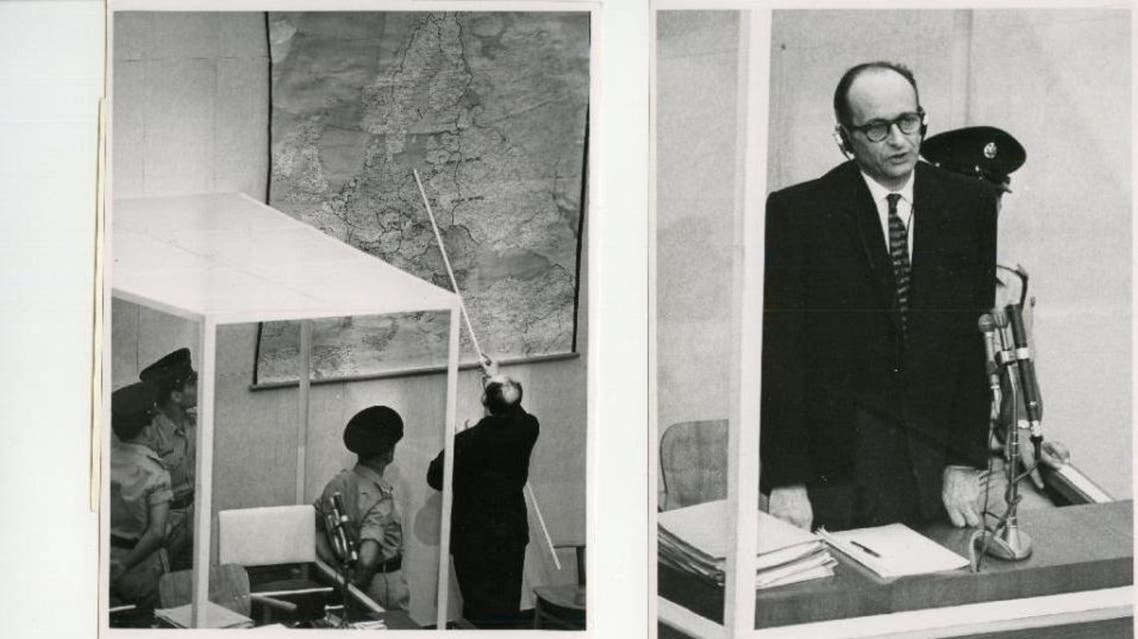 Nazi war criminal Adolf Eichmann shows on a map the locations of the extermination camps in Nazi-occupied Eastern Europe, during the first day of his 1961 trial in an Israeli court in Jerusalem (AFP Photo)