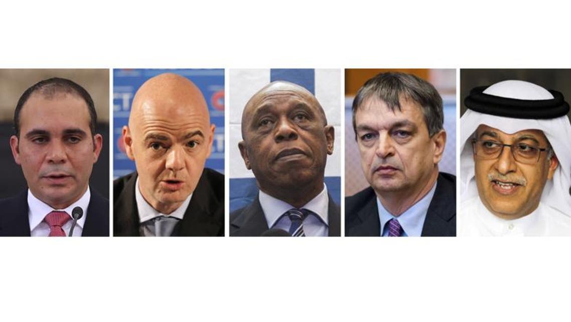 from left, Jordan's Prince Ali bin al-Hussein,, UEFA Secretary General Gianni Infantino, Tokyo Sexwale, Jerome Champagne and Sheikh Salman bin Ebrahim Al Khalifa, wgi are the five declared candidates that FIFA announced Thursday, Nov. 12, 2015 for the Feb. 26 election, with Michel Platini a potential sixth man. Platini's candidature was not judged at this stage by the FIFA election committee pending his ethics case. (AP