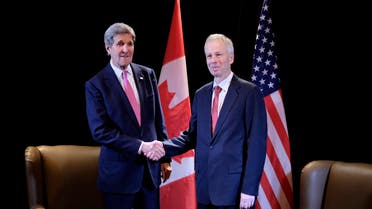  Stéphane Dion Canada Foreign Minister and US Secretary of State John Kerry(L) attend the North American Foreign Ministers Meeting(NAFMM)on January 29, 2016 in Quebec City. / AFP / Florence Cassini