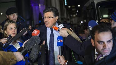 High Negotiations Committee (HNC) spokesman Salem al-Meslet (Syria's main opposition body ) speaks to the press upon his arrival on January 30, 2016 in Geneva for Syrian peace talks. (AFP)