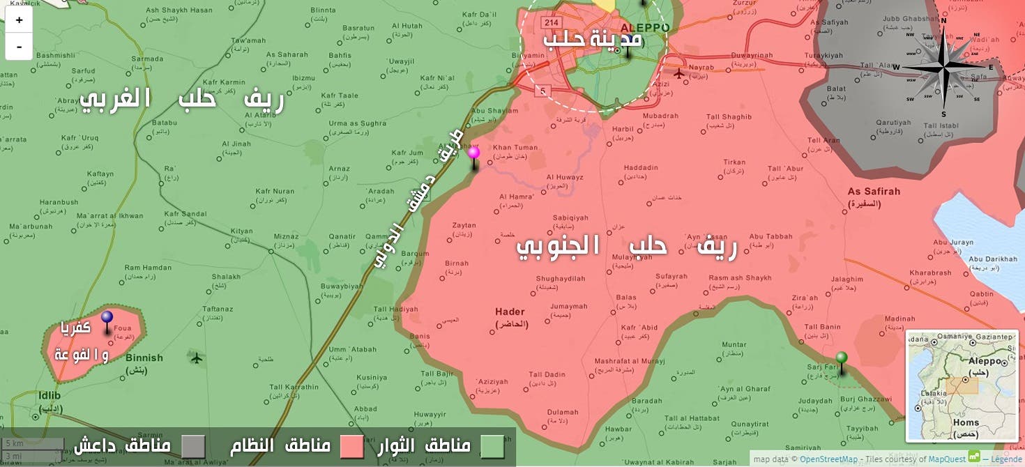 حومه جنوبی حلب..رنگ سبز مناطق انقلابیون، رنگ صورتی مناطق رژیم و رنگ خاکستری مناطق داعش