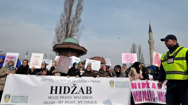 Hundreds of Muslim women wearing the traditional Muslim headscarf also known as hijab protest in Sarajevo's historical center, on February 7, 2016. AFP