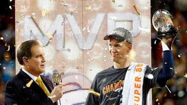 Denver Broncos' quarterback Peyton Manning is interviewed as he holds the Vince Lombardi Trophy after the Broncos defeated the Carolina Panthers in the NFL's Super Bowl 50 football game in Santa Clara, California February 7, 2016. Reuters