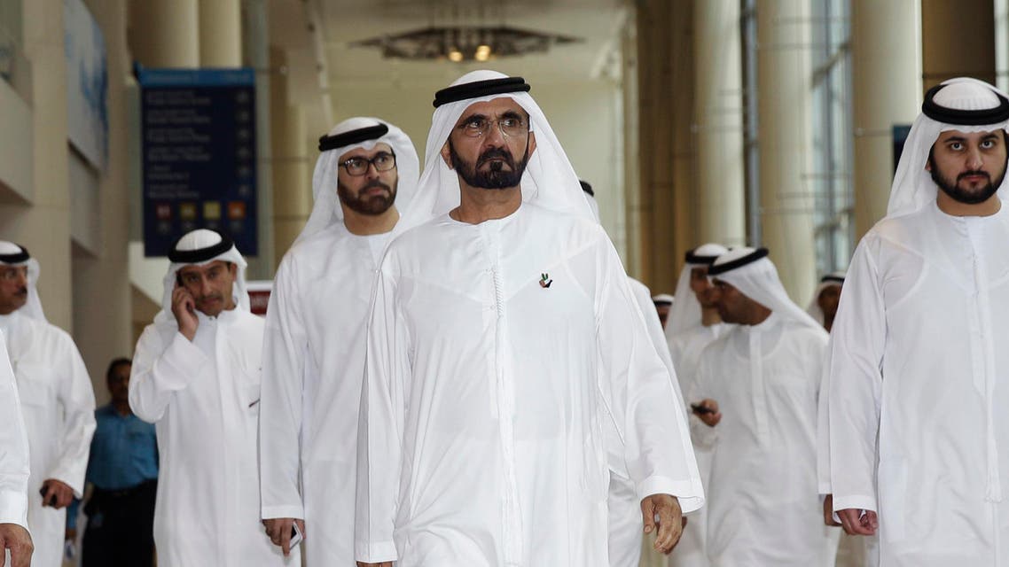 Sheik Mohammed bin Rashid Al Maktoum, center, arrives for the 'Smart Dubai' launch in Dubai, United Arab Emirates, Wednesday, March 5, 2014. 