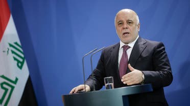 Iraqi Prime Minister Haider al-Abadi attends a joint press conference with German Chancellor Angela Merkel at the chancellery in Berlin, Thursday, Feb. 11, 2016. (AP