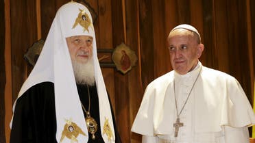 Pope Francis (R) looks at Russian Orthodox Patriarch Kirill during their meeting in Havana, February 12, 2016. (Reuters)