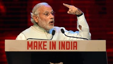 Indian Prime Minister Narendra Modi speaks during part of the opening ceremony of 'Make in India Week' in Mumbai on February 13, 2016. Over 190 companies, and 5,000 delegates from 60 countries, are taking part in the first 'Make in India Week' to be held in Mumbai from February 13-18. AFP PHOTO / PUNIT PARANJPE