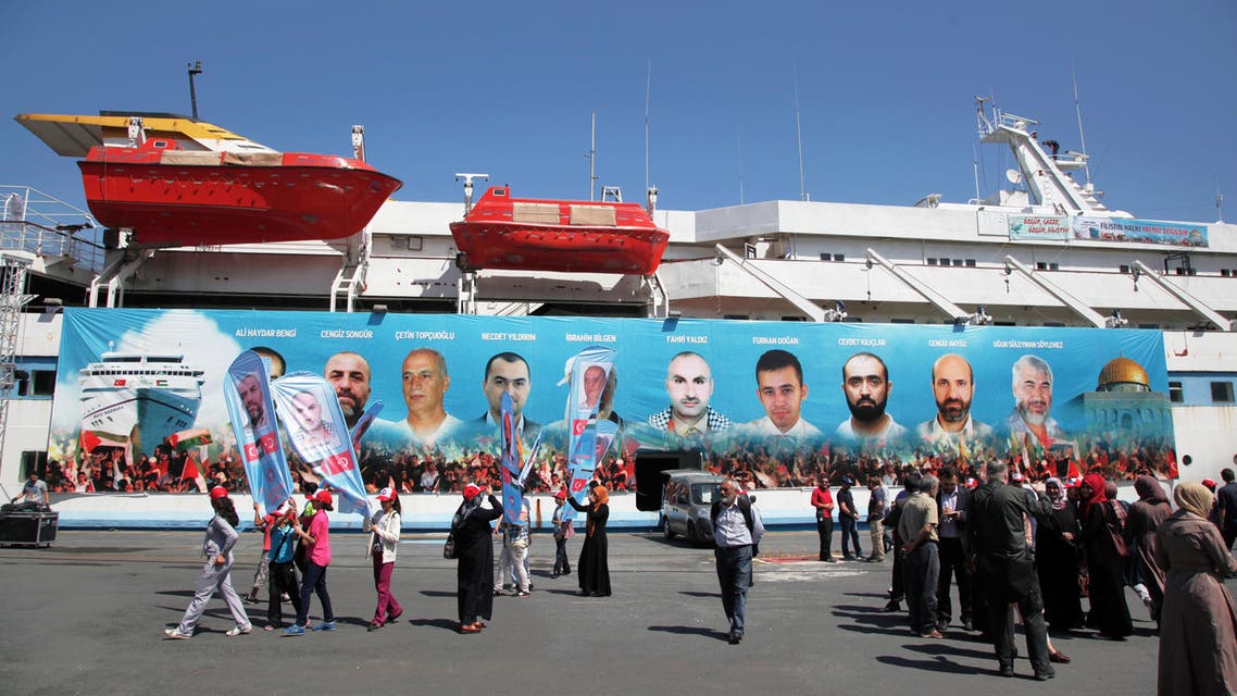 Pro-Palestinian Turks gather on the fourth anniversary of the Mavi Marmara ship, the lead boat of a flotilla headed to the Gaza Strip which was stormed by Israeli naval commandos in a predawn confrontation in the Mediterranean, May 31, 2010, in Istanbul, Turkey, Friday, May 30, 2014.
