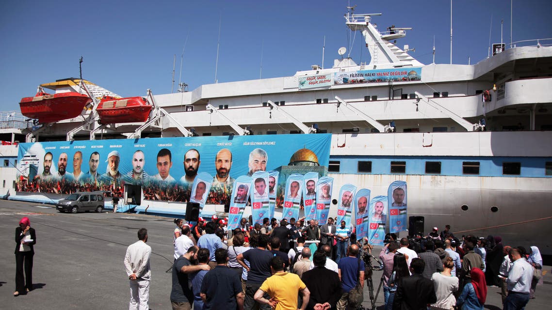 Pro-Palestinian Turks gather on the fourth anniversary of the Mavi Marmara ship, the lead boat of a flotilla headed to the Gaza Strip which was stormed by Israeli naval commandos in a predawn confrontation in the Mediterranean May 31, 2010, in Istanbul, Turkey, Friday, May 30, 2014.