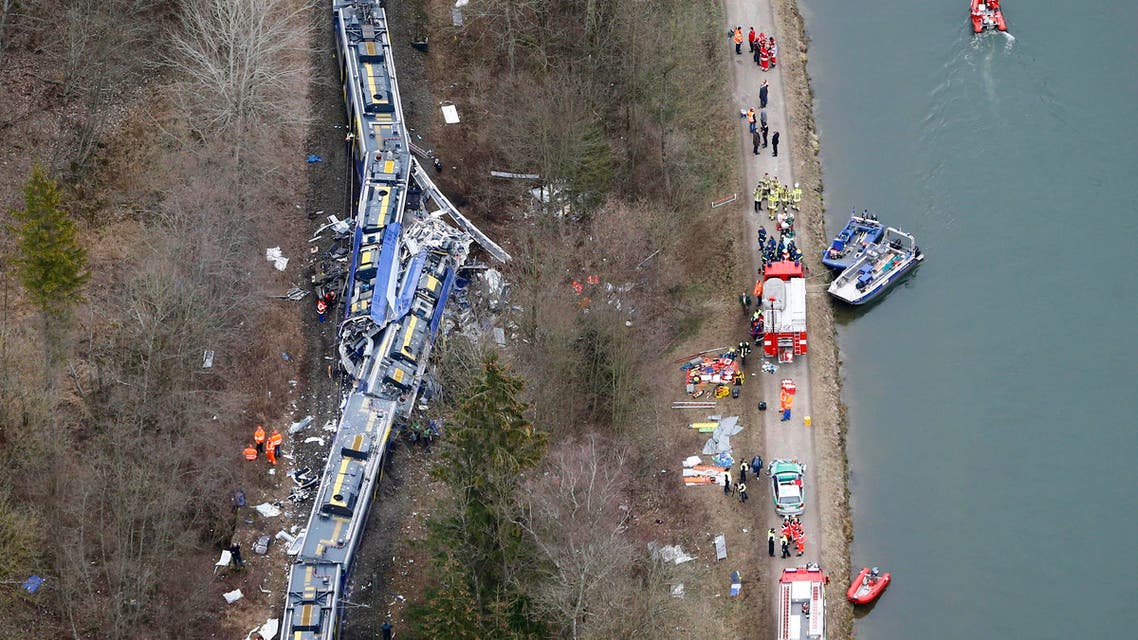 Aerial view of rescue teams at the site where two trains collided head-on near Bad Aibling, Germany, Tuesday, Feb. 9, 2016. AP