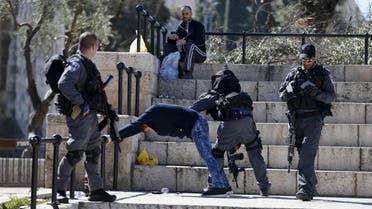 Israeli police perform a body search on a Palestinian man at Damascus Gate in Jerusalem's Old City February 16, 2016. REUTERS/Ammar Awad