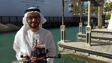 Emirati Ph.D student Talib alHinai poses with the drone prototype he and his classmates at Imperial College London built, which won a prize at state-sponsored "Drones for Good" competition, in Dubai February 10, 2016. REUTERS