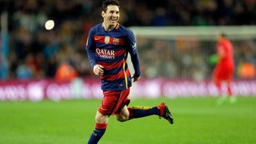 FC Barcelona's Lionel Messi reacts after scoring against Celta Vigo during a Spanish La Liga soccer match at the Camp Nou stadium in Barcelona, Spain, Sunday, Feb. 14, 2016. AP