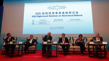 Participants from left to right, Moderator Yingyi Qian, Chinese Finance Minister Lou Jiwei, German Finance Minister Wolfgang Schaeuble, International Monetary Fund (IMF) First Deputy Director David Lipton, World Bank Managing Director Sri Mulyani Indrawati and Breugel Director Guntram Wolff compose a panel during a session of the G20 High-Level Seminar on Structural Reform. AP