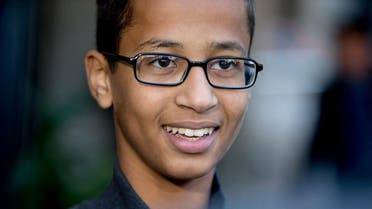 In this Monday, Oct. 19, 2015, file photo, Ahmed Mohamed, the 14-year-old who was arrested at MacArthur High School in Irving, Texas, after a homemade clock he brought to school was mistaken for a bomb, speaks during an interview with the Associated Press, in Washington. Mohamed of Irving and his family are preparing to move to the Middle East. He’s accepted a foundation’s offer to pay for high school and college in Qatar (AP Photo/Andrew Harnik, File)