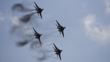 File photo of MiG-29 jet fighters of the Russian aerobatic team Strizhi performing during MAKS International Aviation and Space Salon in Zhukovsky. (Reuters)