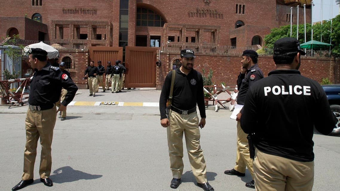 Pakistani police officers take part a security rehearsal for next week's cricket series between Pakistan and Zimbabwe at Gaddafi Stadium in Lahore, Pakistan, Saturday, May 16, 2015. Hundreds of Pakistani policemen featured in a dress rehearsal on Saturday to provide security to the visiting Zimbabwe cricket team in the eastern city of Lahore. (AP Photo/K.M. Chaudary)