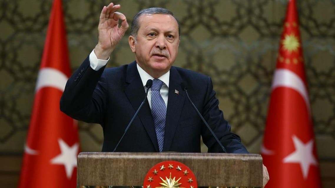 Turkey's President, Recep Tayyip Erdogan, addresses local administrators at his palace in Ankara, Turkey, Wednesday, Feb. 24, 2016. Erdogan says his country supports the cease-fire agreement for Syria "in principle" but voices serious concern that the proposed truce will strengthen Syrian President Bashar Assad and lead to "new tragedies." Erdogan also said a U.S.-backed Syrian Kurdish militia group — which Turkey regards as a terror organization — should also be kept outside of the scope of the agreement. (Presidential Press Service/Kayhan Ozer, Pool via AP ) Use Information This content is intended for editorial use only.