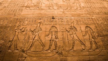 Carvings are seen inside the ancient Egyptian temple dedicated to the falcon god Horus, in the Edfu district, Aswan, Tuesday, Sept. 22, 2015. AP