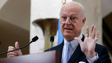 Staffan de Mistura, United Nations Special Envoy for Syria, shows six with his hands as six days of the truce holding, during a news conference after a meeting of the Task Force for Humanitarian Access at the U.N. in Geneva, Switzerland, March 3, 2016. REUTERS