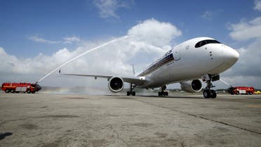 The first of 67 new Airbus A350-900 planes delivered to Singapore Airlines is greeted with a water cannon salute on arrival at Singapore's Changi Airport. (Reuters)