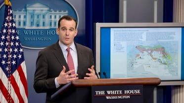 With a map of Iraq and Syria at right, Brett McGurk, Special Presidential Envoy for the Global Coalition to Counter ISIL, Office of the Special Presidential Envoy for the Global Coalition to Counter ISIL, speaks during the daily news briefing at the White House in Washington, Tuesday, Feb. 23, 2016 (AP)