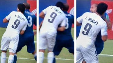 Barcelona’s Suarez was suspended for nine games after biting Italy’s Giorgio Chiellini at the World Cup in Brazil. (YouTube: Screenshot)