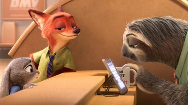 This image released by Disney shows Judy Hopps, voiced by Ginnifer Goodwin, left, Nick Wilde, voiced by Jason Bateman, second left, in a scene from the animated film, "Zootopia." (Disney via AP)
