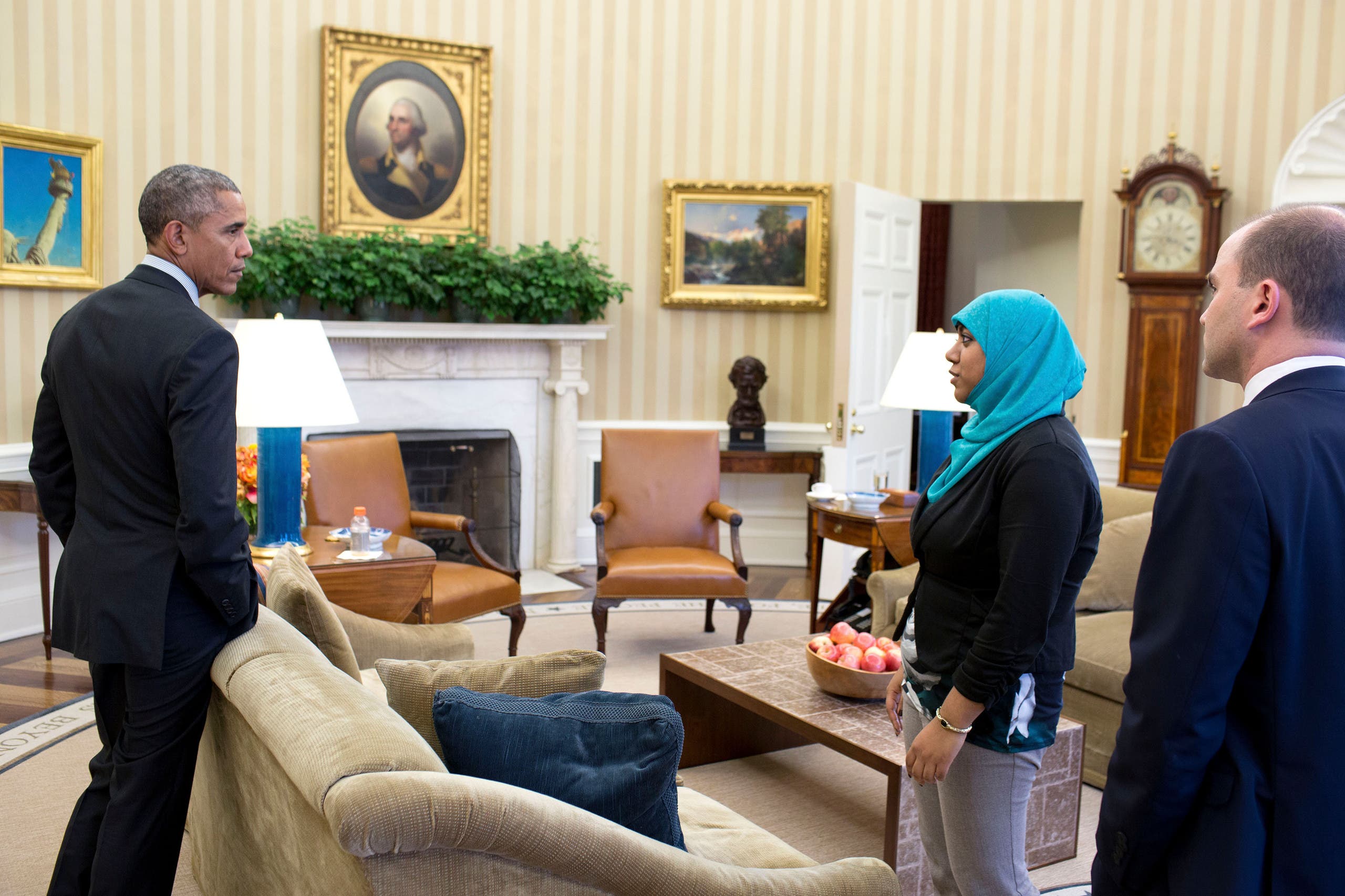 President Barack Obama holds a meeting prep in the Oval Office, Feb. 4, 2015. Participants are: Ben Rhodes, Deputy National Security Advisor, and Rumana Ahmed (Official White House photo by Pete Souza)