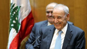 Lebanese Parliament Speaker Nabih Berri smiles during the second session of a national dialogue, in the Parliament building, downtown Beirut, Lebanon, Wednesday, Sept. 16, 2015. Lebanese police have beat back demonstrators protesting ahead of a second session of dialogue between Lebanese politicians over the country's political crisis. (AP)