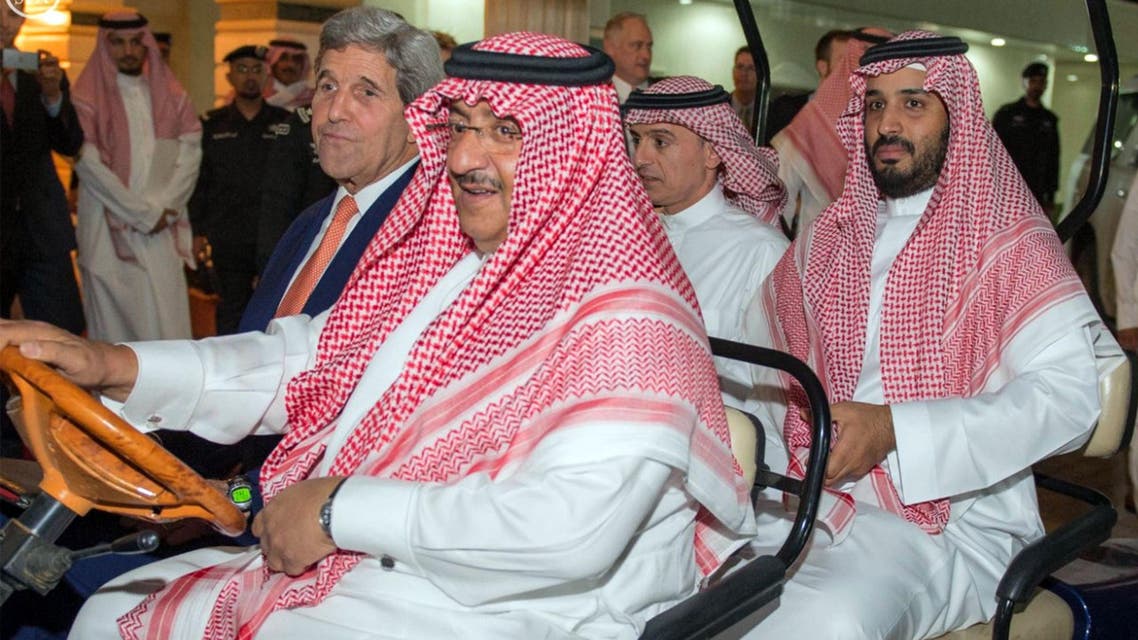  A picture provided by the Saudi Press Agency (SPA) on March 11, 2016 shows Saudi Interior Minister and Crown Prince Mohammed bin Nayef (1st row R), United States Secretary of State John Kerry (1st row L), Saudi Defence Minister and Deputy Crown Prince Mohammed bin Salman (2nd row R) and Saudi Foreign Minister Adel Al-Jubeir touring at the King Khalid Military City. (AFP)