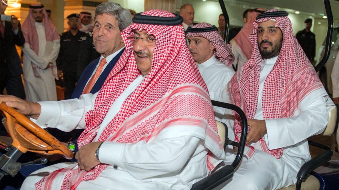 A picture provided by the Saudi Press Agency (SPA) on March 11, 2016 shows Saudi Interior Minister and Crown Prince Mohammed bin Nayef (1st row R), United States Secretary of State John Kerry (1st row L), Saudi Defence Minister and Deputy Crown Prince Mohammed bin Salman (2nd row R) and Saudi Foreign Minister Adel Al-Jubeir touring at the King Khalid Military City. (AFP)