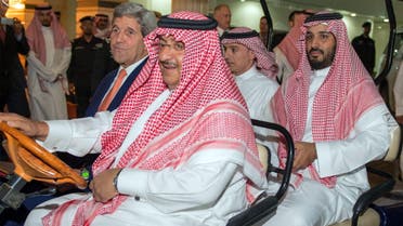  A picture provided by the Saudi Press Agency (SPA) on March 11, 2016 shows Saudi Interior Minister and Crown Prince Mohammed bin Nayef (1st row R), United States Secretary of State John Kerry (1st row L), Saudi Defence Minister and Deputy Crown Prince Mohammed bin Salman (2nd row R) and Saudi Foreign Minister Adel Al-Jubeir touring at the King Khalid Military City. (AFP)
