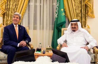  picture provided by the Saudi Press Agency (SPA) on March 11, 2016 shows Saudi King Salman bin Abdulaziz (R) meeting with United States Secretary of State John Kerry in Hafar al-Batin 500 km north east of the Saudi capital Riyadh. (AFP)