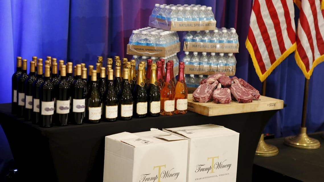 Steaks and chops described as 'Trump meat' are shown near the podium with Trump branded wines and water before U.S. Republican presidential candidate Donald Trump was scheduled to appear at a press event at his Trump National Golf Club in Jupiter, Florida, March 8, 2016. REUTERS