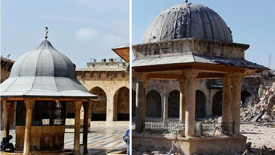 Pictured on the left is the Umayyad Mosque in September 11, 2008, and on the right the same mosque in December, 2013. (Reuters).