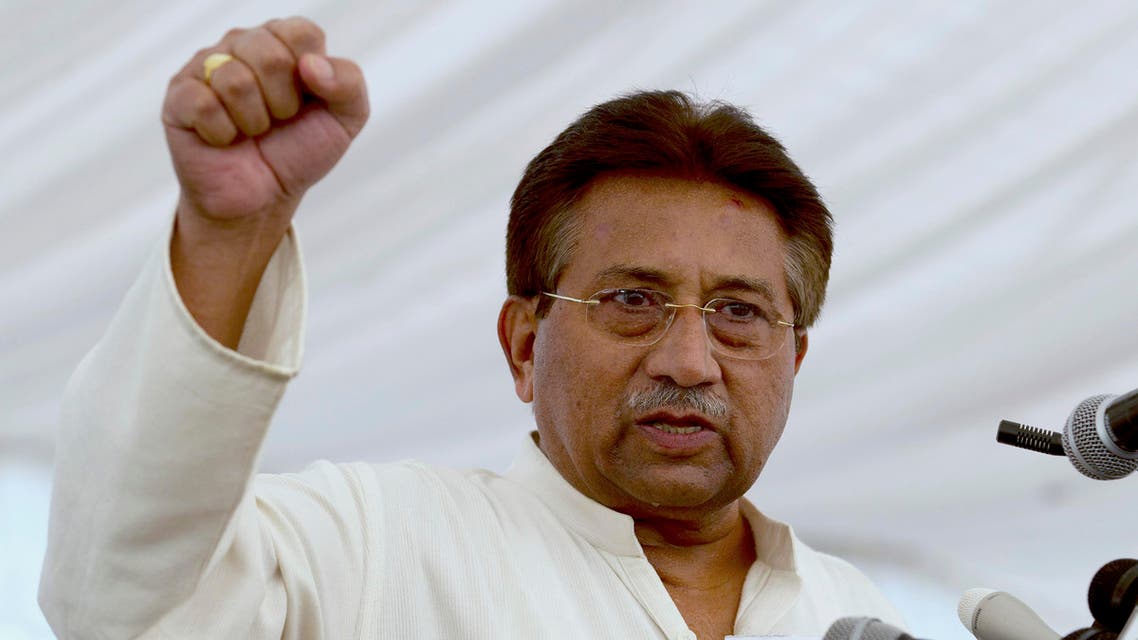 FILE - In this Monday, April 15, 2013 file photo, Pakistan's former President and military ruler Pervez Musharraf addresses his party supporters at his house in Islamabad, Pakistan. Pakistan's main federal investigative agency has “irrefutable proof” that former military ruler Musharraf illegally declared a state of emergency in 2007, according to a report it released Wednesday, May 14, 2014, as the one-time leader now faces a high treason trial over the declaration. (B.K. Bangash, File)