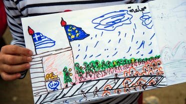 Shaharzad Hassan, 8 year-old from the Syrian city of Aleppo poses with a drawing she made at the northern Greek border station of Idomeni, Friday, March 11, 2016. At an overcrowded refugee camp on the Greek-Macedonian border, 8-year-old Shaharzad Hassan draws pictures of the harrowing events in her life over the past 18 months: Pictures of death in her home town of Aleppo, Syria, and her perilous journey to Europe .(AP Photo/Vadim Ghirda)